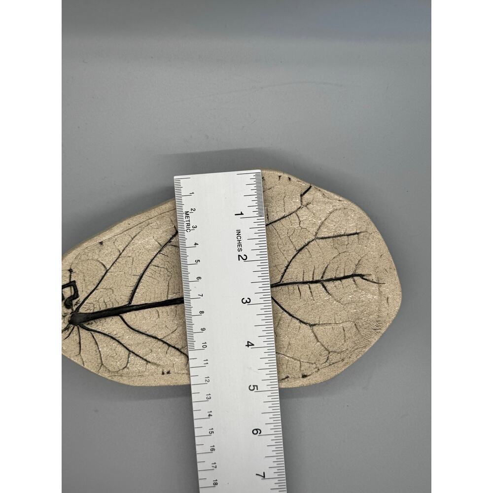 Signed Leaf Pottery Tray Trinket Dish Handmade Pressed White Black Vein Footed - Picture 3 of 7